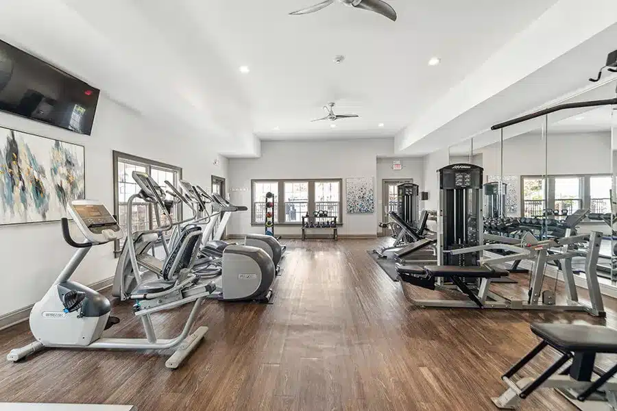Modern gym with cardio machines, weight equipment, mirrors, wooden flooring, large windows, and wall-mounted TV in a well-lit, spacious room.