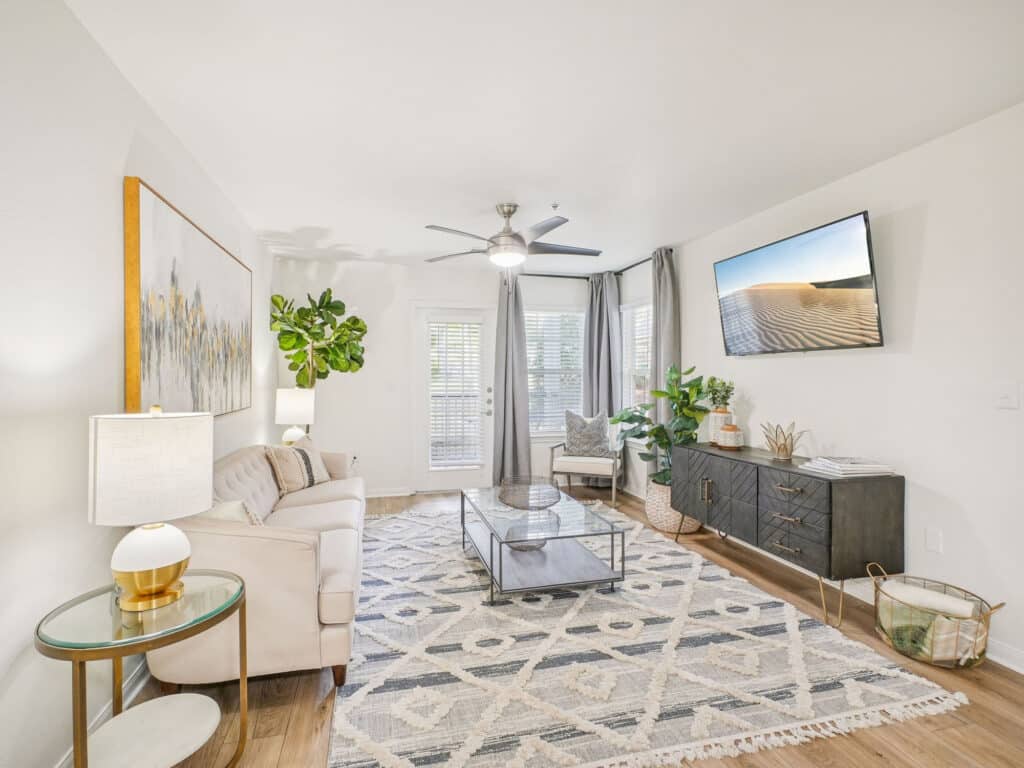 Bright living room with a sofa, glass coffee table, patterned rug, TV mounted on the wall, greenery, large artwork, and natural light coming through patio doors with sheer curtains.
